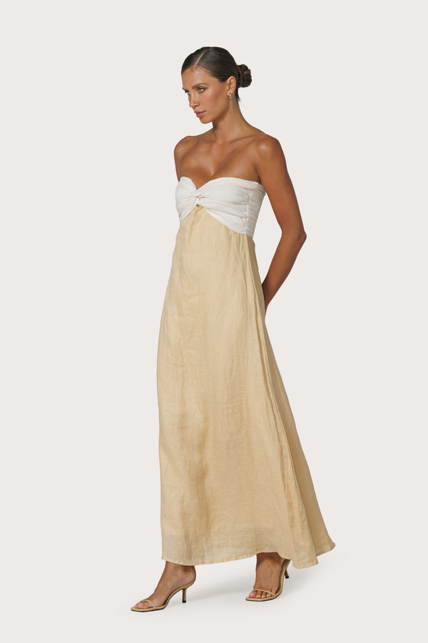 Lusana Melody Contrast Maxi Linen Dress In Chalk