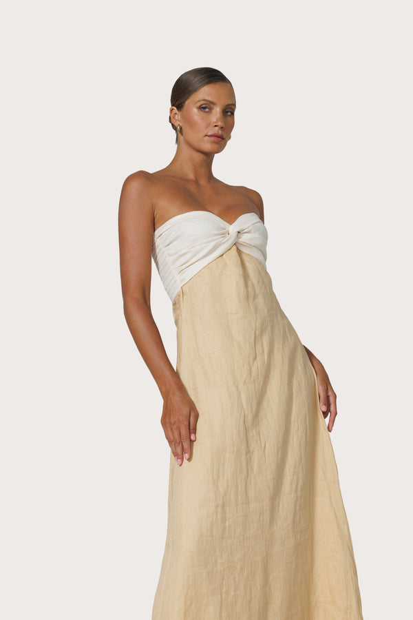 Lusana Melody Contrast Maxi Linen Dress In Chalk