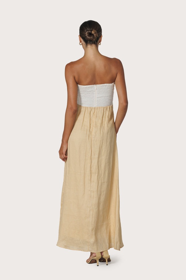 Lusana Melody Contrast Maxi Linen Dress In Chalk