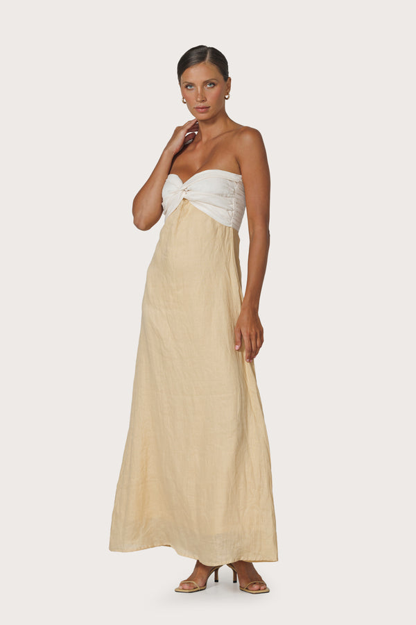 lusana Melody Contrast Maxi Linen Dress in Chalk