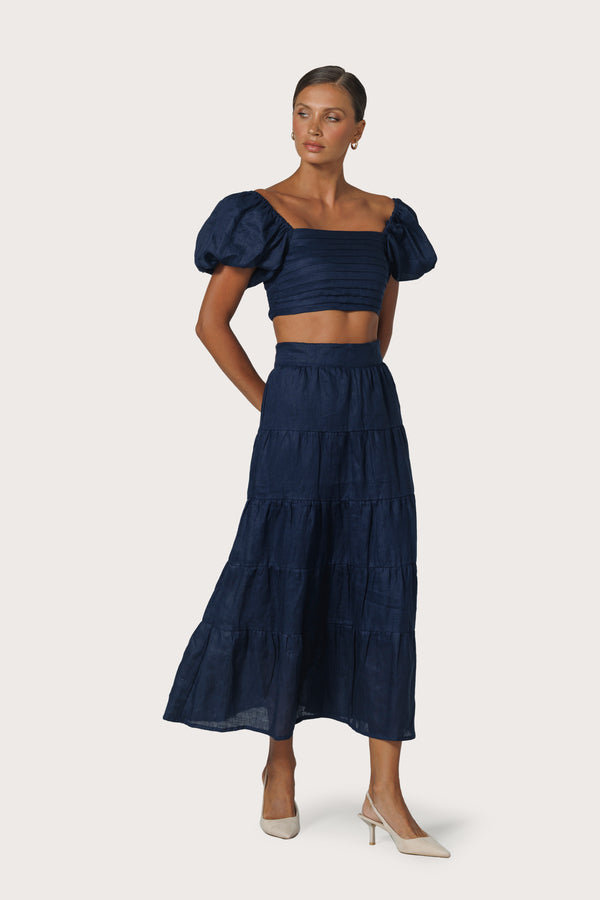 Lusana Oscar Linen Skirt In Navy