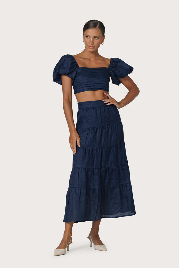 Lusana Oscar Linen Skirt In Navy