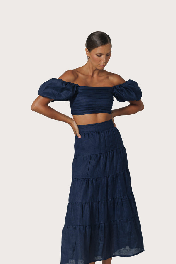 Lusana Oscar Linen Top In Navy