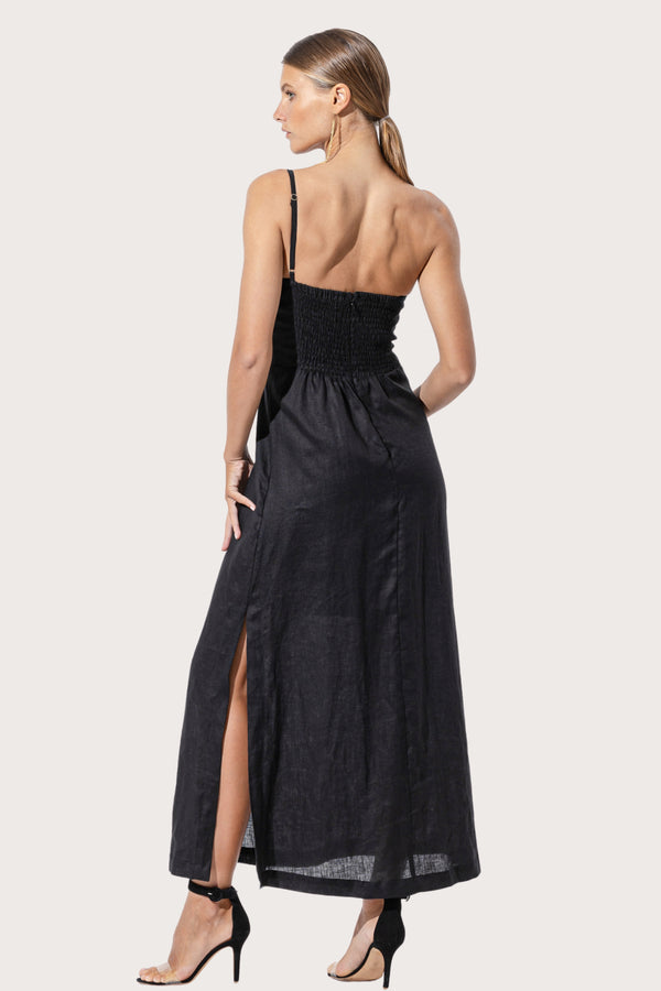 Lusana Poppy Linen Maxi Dress In Black