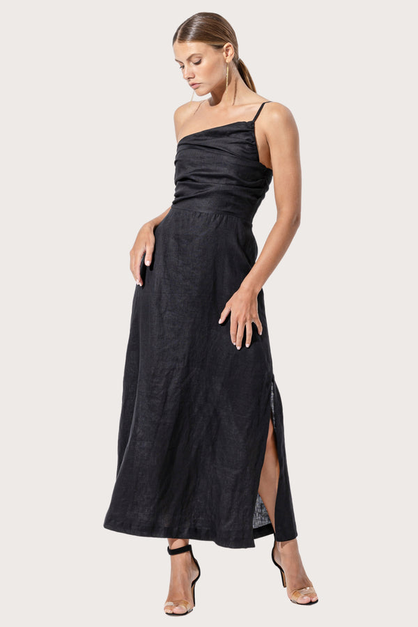 Lusana Poppy Linen Maxi Dress In Black
