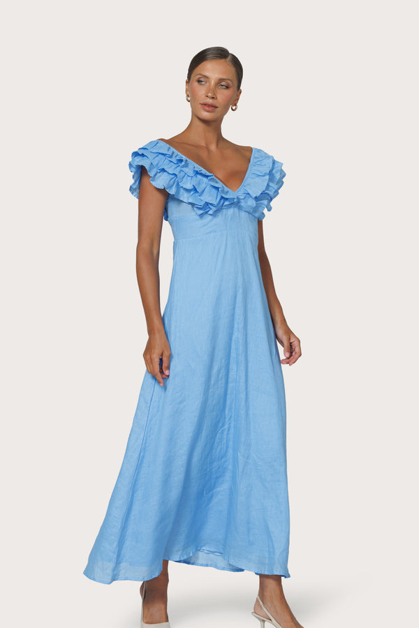 lusana Scarlett Maxi Linen Dress in Neu Bleu