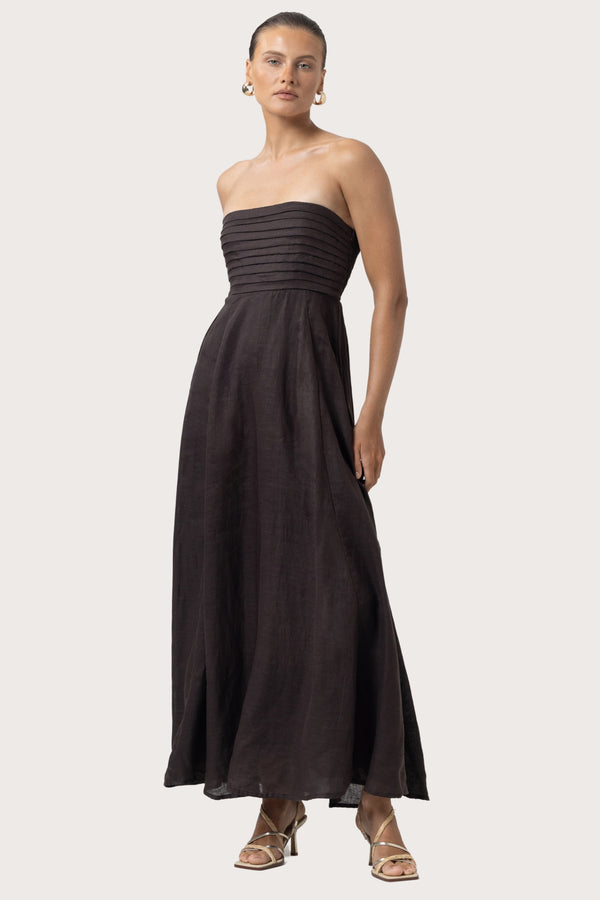 Lusana Talia Linen Pintuck Maxi Dress In Coffee
