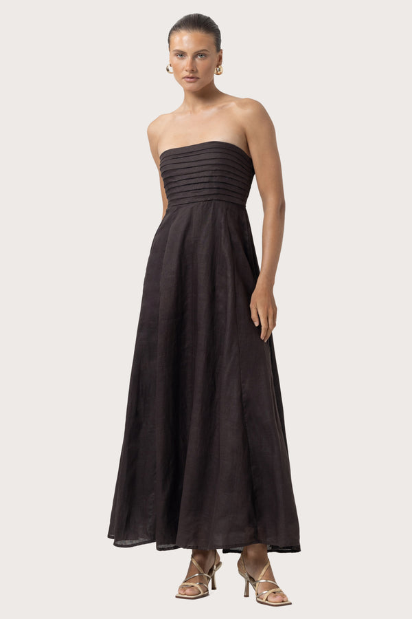 Lusana Talia Linen Pintuck Maxi Dress In Coffee