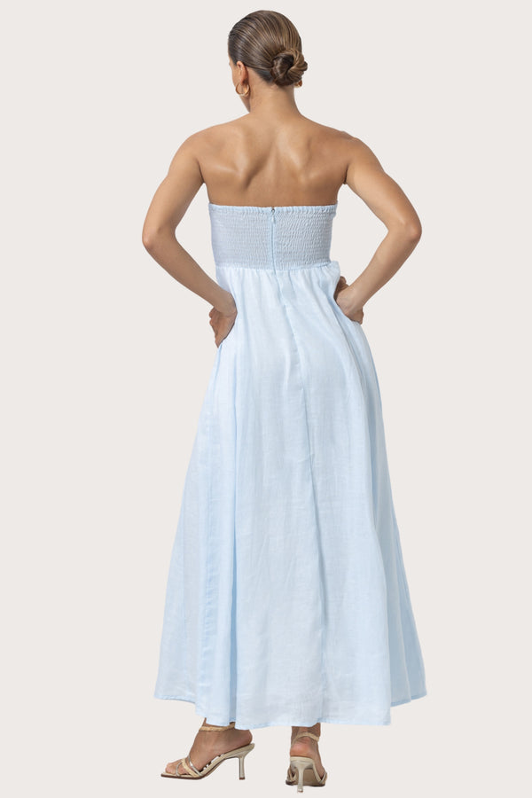 Lusana Talia Linen Pintuck Maxi Dress In Powder