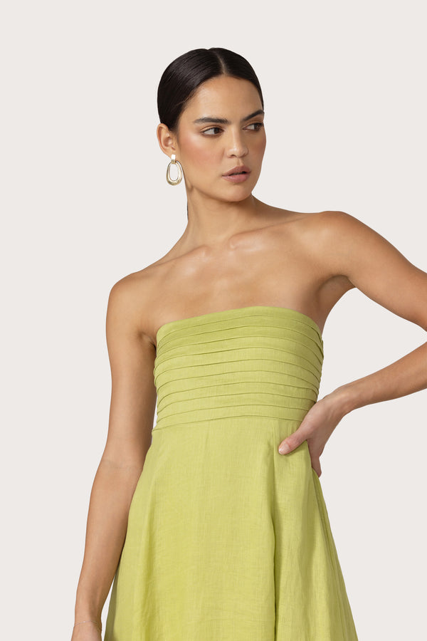 Lusana Talia Linen Pintuck Maxi Dress In Sage