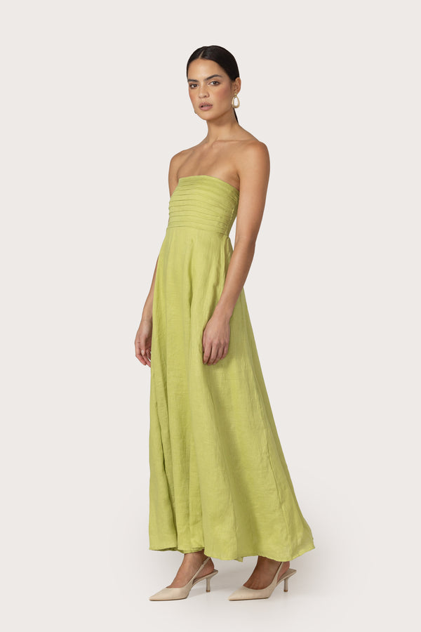Lusana Talia Linen Pintuck Maxi Dress In Sage