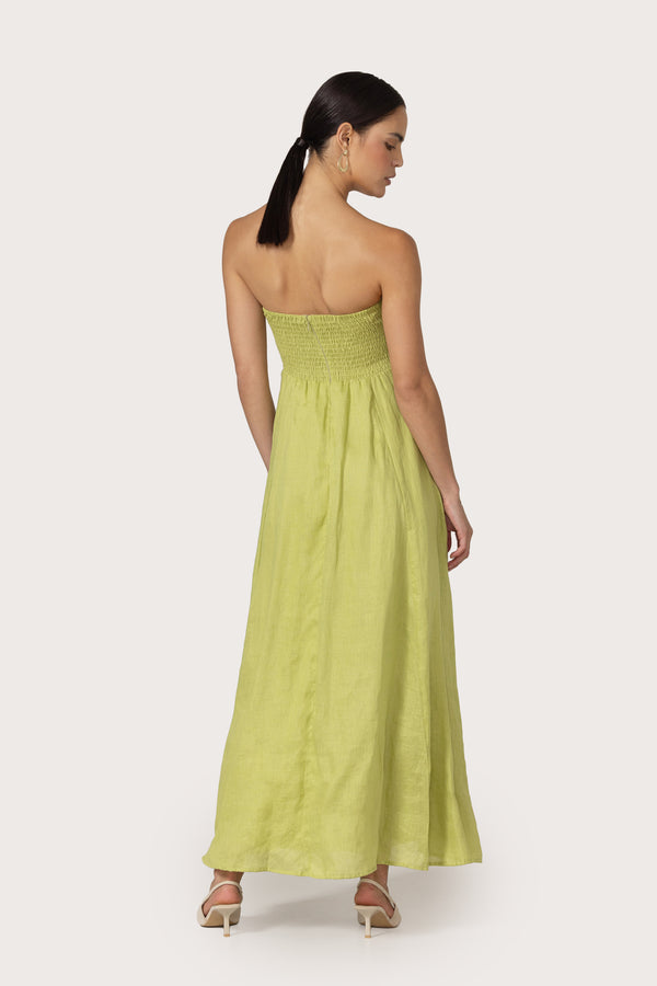 Lusana Talia Linen Pintuck Maxi Dress In Sage