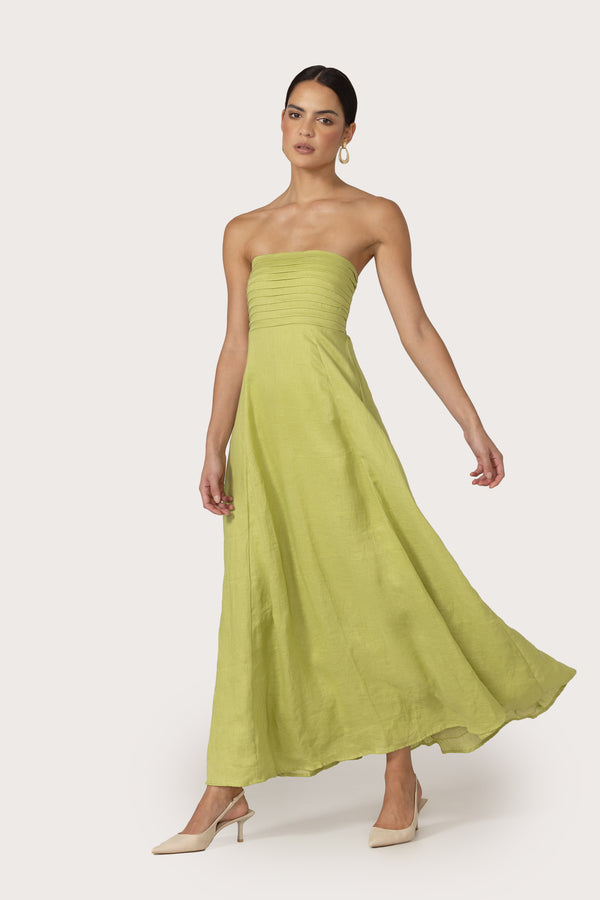 lusana Talia Linen Pintuck Maxi Dress in Sage