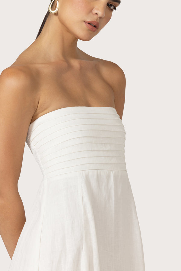 Lusana Talia Linen Pintuck Maxi Dress In White