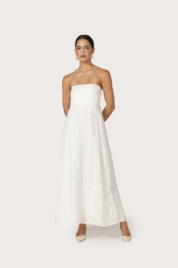 Lusana Talia Linen Pintuck Maxi Dress In White