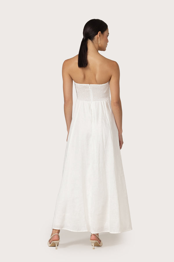 Lusana Talia Linen Pintuck Maxi Dress In White