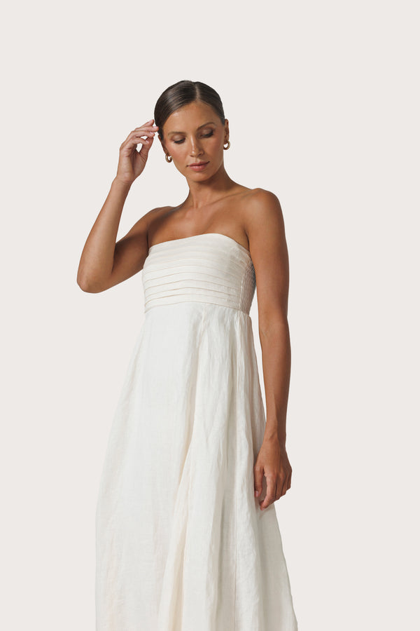 Lusana Talia Pintuck Linen Maxi Dress In Chalk