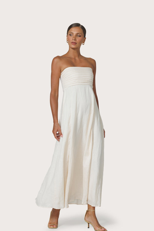 Lusana Talia Pintuck Linen Maxi Dress In Chalk