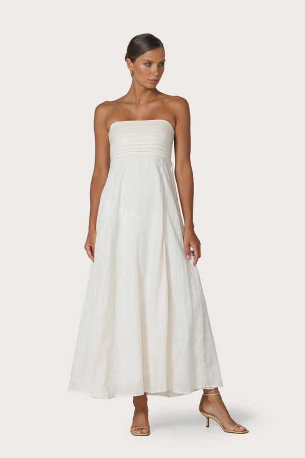 lusana Talia Pintuck Linen Maxi Dress in Chalk