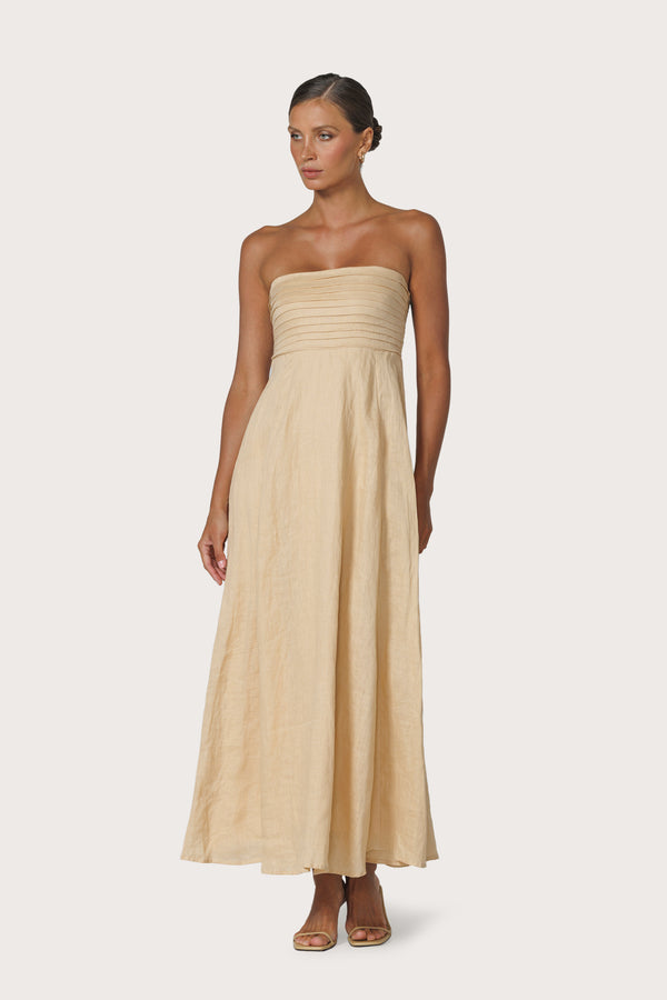 Lusana Talia Pintuck Linen Maxi Dress In Champagne