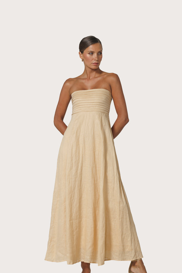 Lusana Talia Pintuck Linen Maxi Dress In Champagne