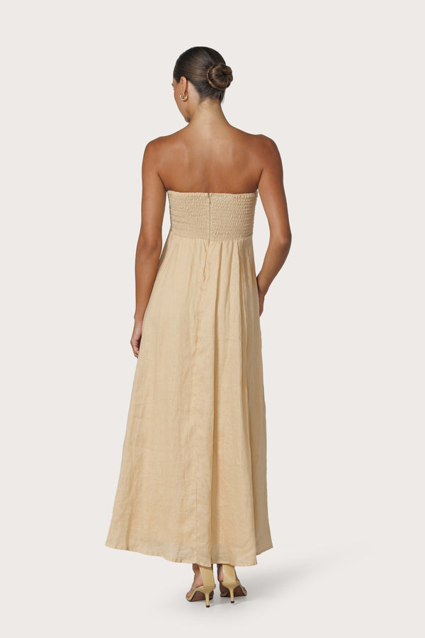 Lusana Talia Pintuck Linen Maxi Dress In Champagne