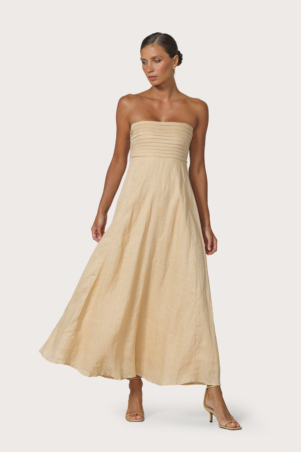 lusana Talia Pintuck Linen Maxi Dress in Champagne