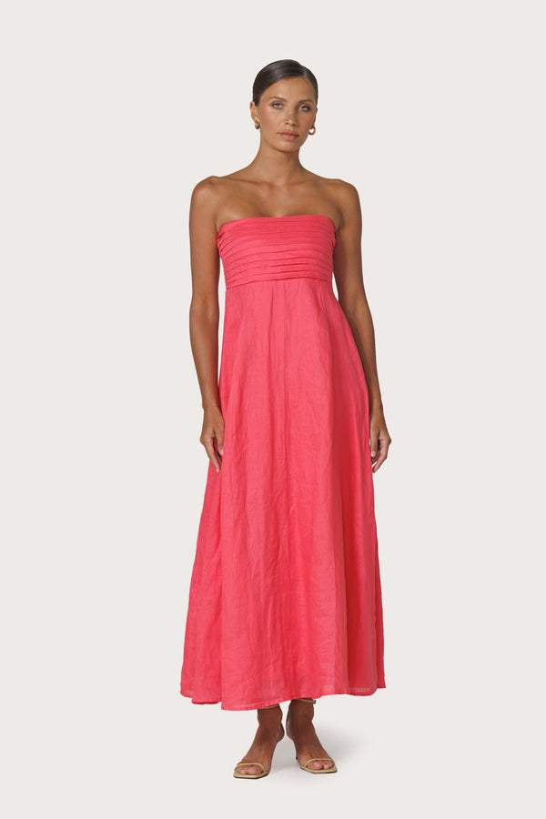 Lusana Talia Pintuck Linen Maxi Dress In Melon