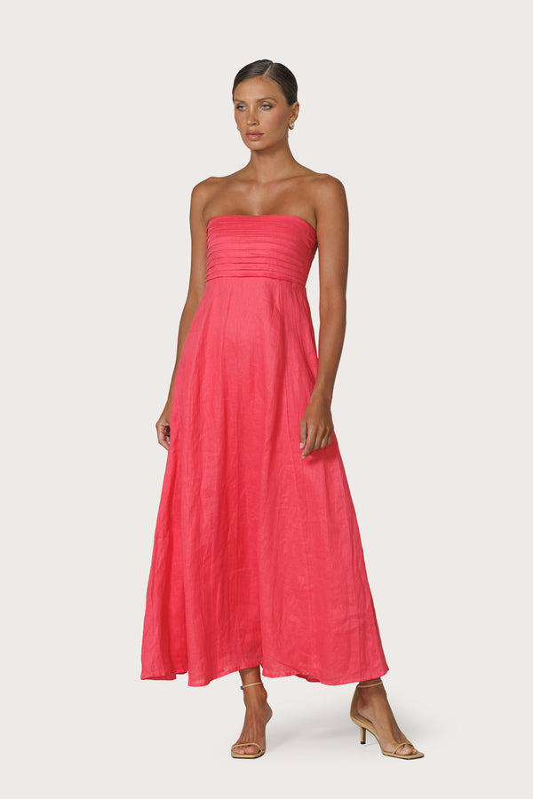 lusana Talia Pintuck Linen Maxi Dress in Melon