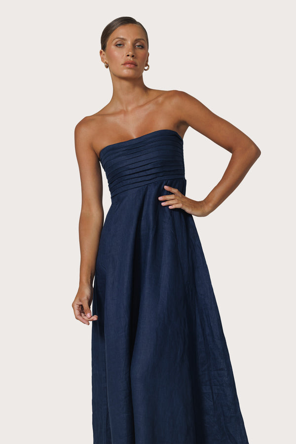 Lusana Talia Pintuck Linen Maxi Dress In Navy