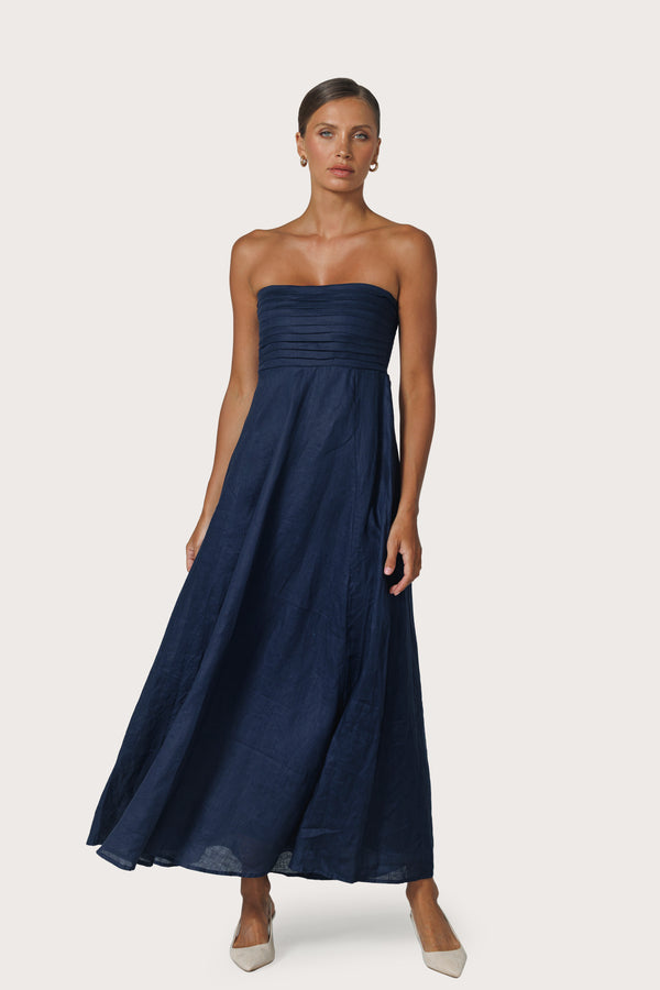 Lusana Talia Pintuck Linen Maxi Dress In Navy