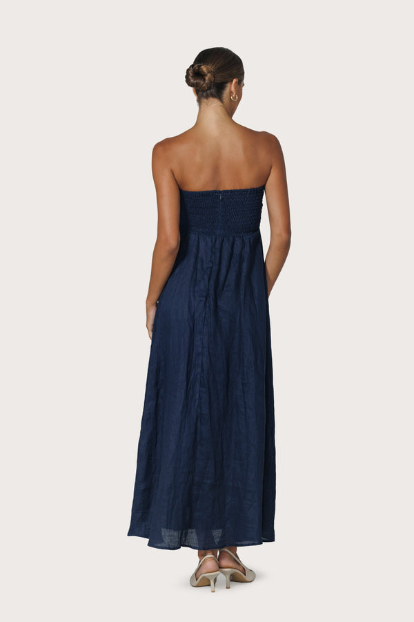 Lusana Talia Pintuck Linen Maxi Dress In Navy