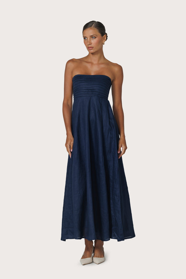 lusana Talia Pintuck Linen Maxi Dress in Navy