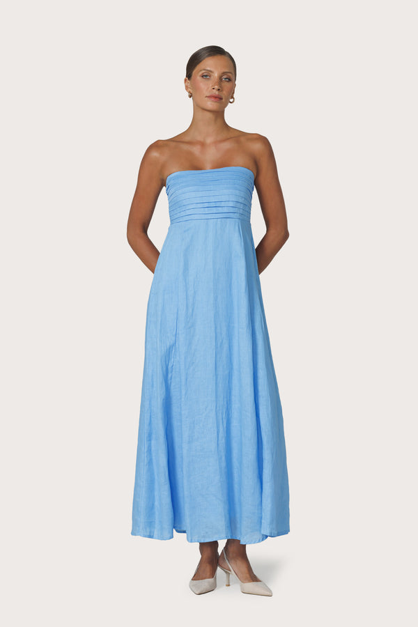 Lusana Talia Pintuck Linen Maxi Dress In Neu Bleu