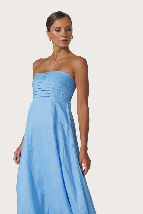 Lusana Talia Pintuck Linen Maxi Dress In Neu Bleu