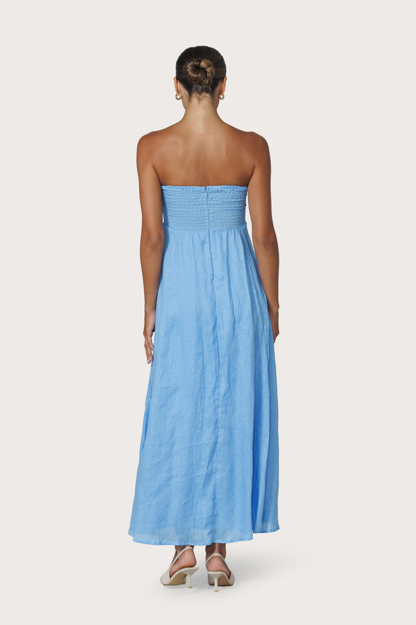 Lusana Talia Pintuck Linen Maxi Dress In Neu Bleu