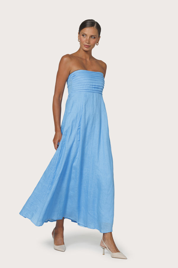lusana Talia Pintuck Linen Maxi Dress in Neu Bleu