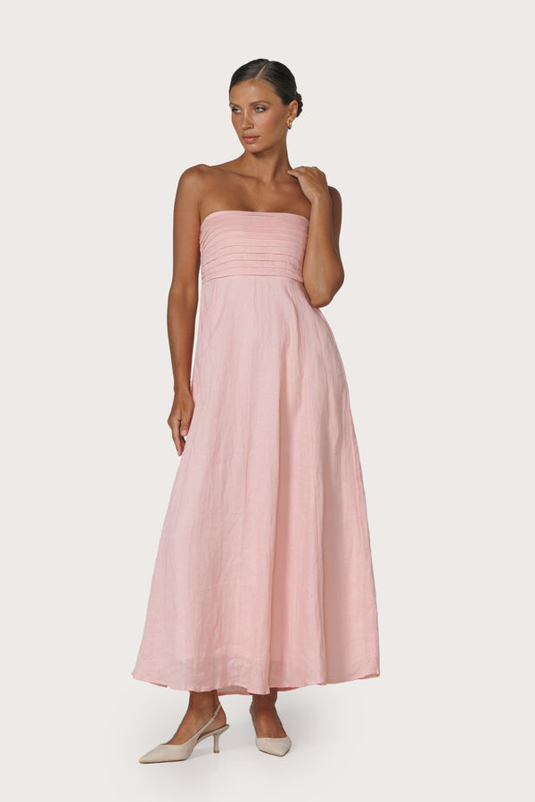 Lusana Talia Pintuck Linen Maxi Dress In Pink Lady