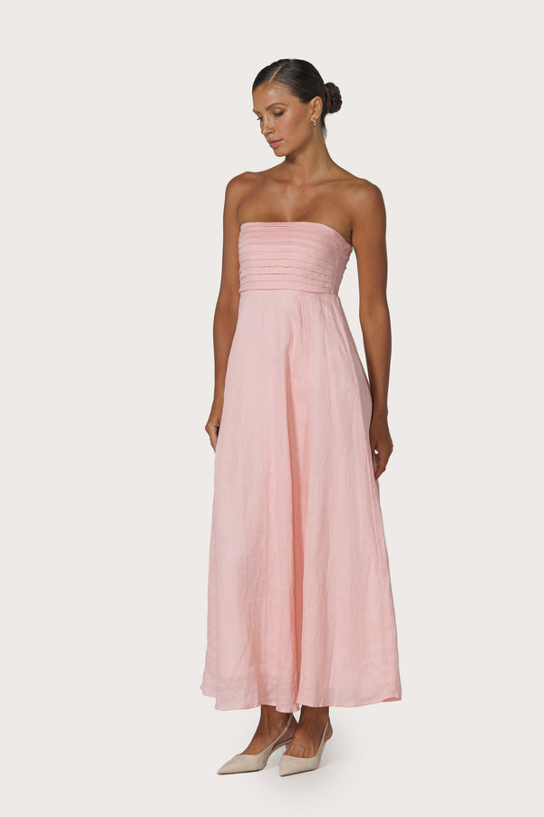 Lusana Talia Pintuck Linen Maxi Dress In Pink Lady