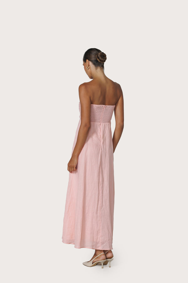 Lusana Talia Pintuck Linen Maxi Dress In Pink Lady