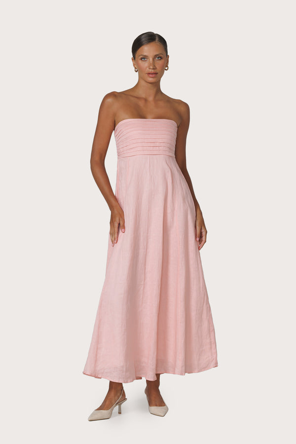 lusana Talia Pintuck Linen Maxi Dress in Pink Lady