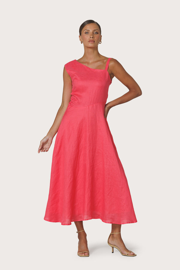 Lusana Tango Asymmetrical Linen Dress In Melon