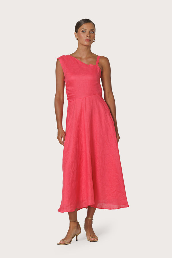 Lusana Tango Asymmetrical Linen Dress In Melon