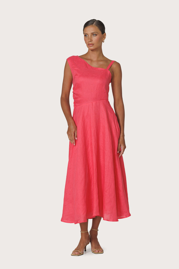 lusana Tango Asymmetrical Linen Dress in Melon