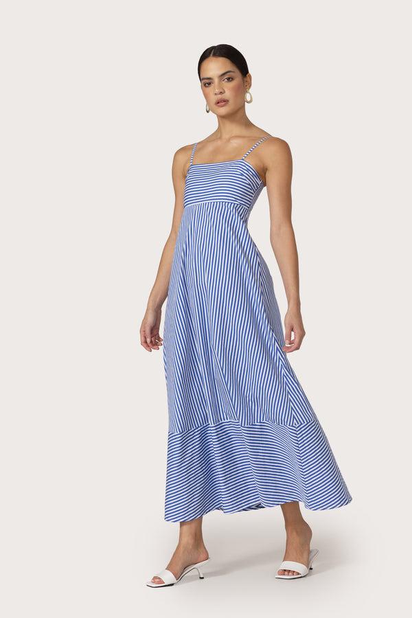 Lusana Tashi Poplin Maxi Dress In Lapis Stripe