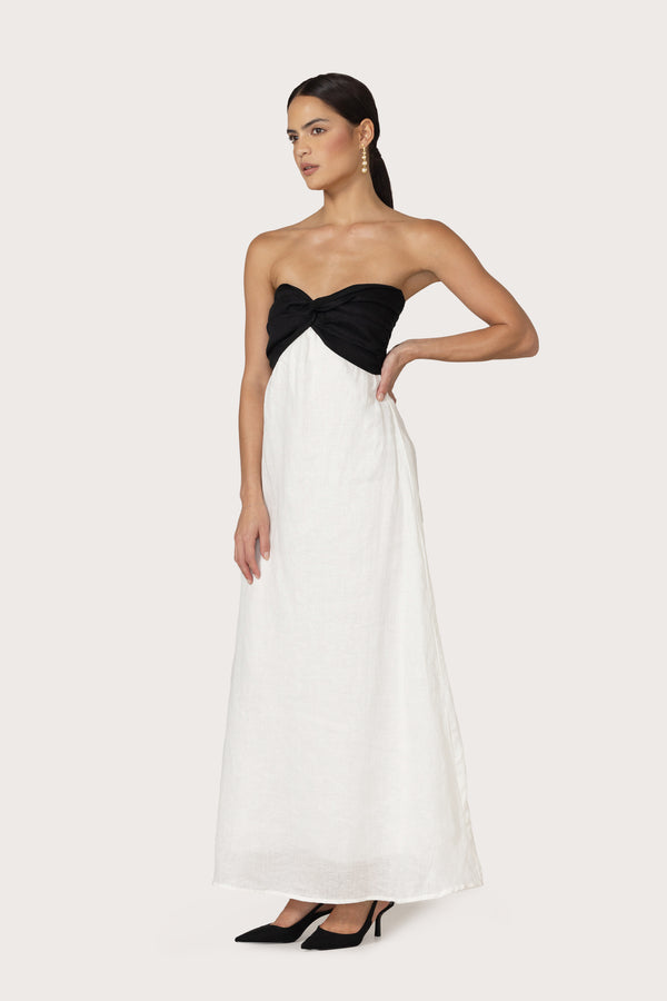 Lusana Melody Linen Maxi Dress In Contrast White Black