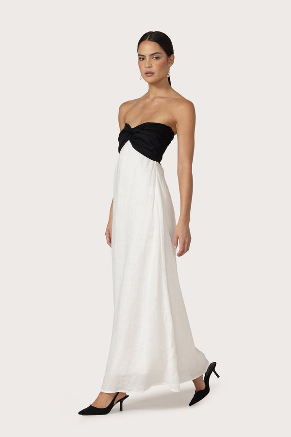 Lusana Melody Linen Maxi Dress In Contrast White Black