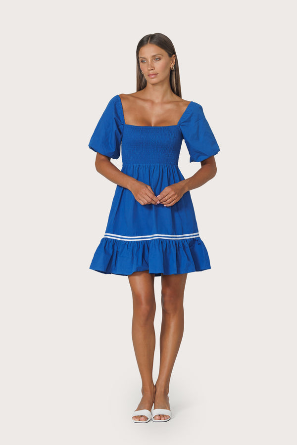 Lusana Nina Embroidered Poplin Dress In Sapphire Stripe