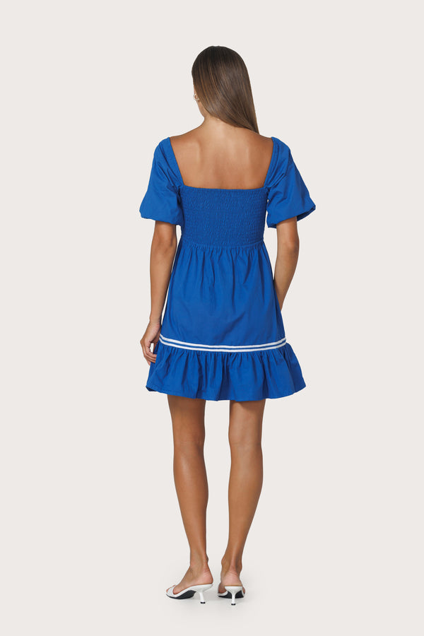 Lusana Nina Embroidered Poplin Dress In Sapphire Stripe