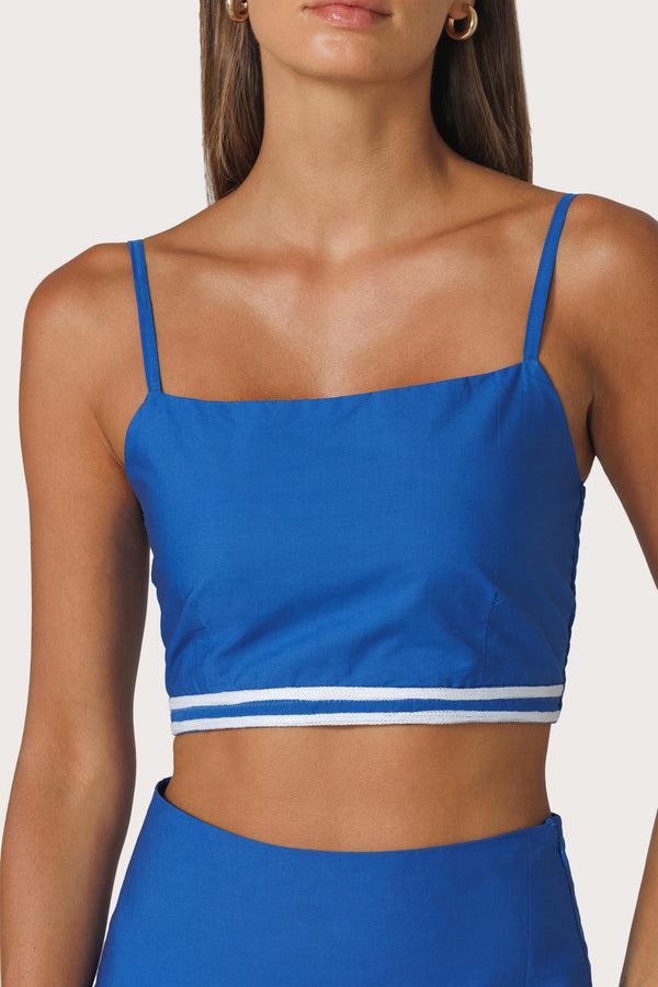 lusana Oliver Embroidered Poplin Top in Sapphire Stripe